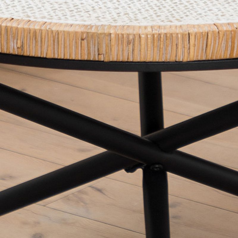 Cross Legs Round Glass Coffee Cocktail Table with Rattan Accent