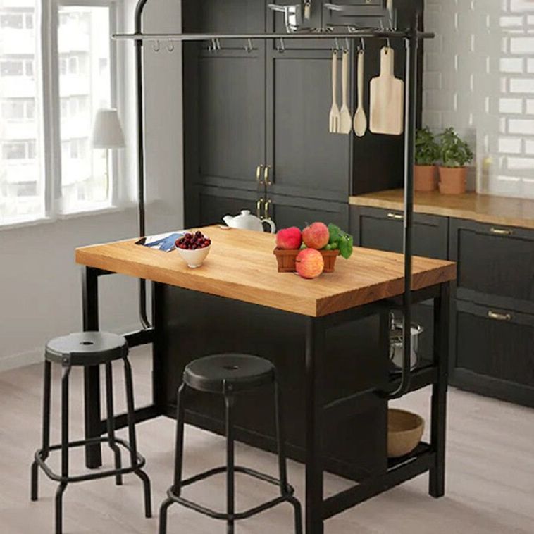 Stationary Industrial Kitchen Island Solid Wood Kitchen Island Table with Shelves
