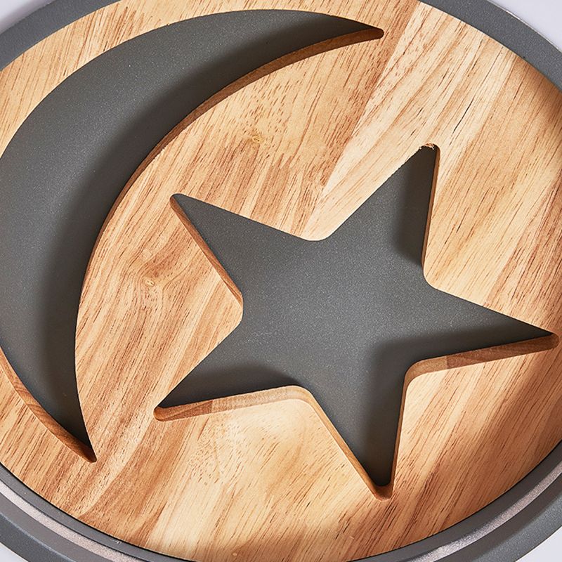Baby Room Circulaire Flushmount Light with Star & Moon Wooden Nordic LED Ceiling Light