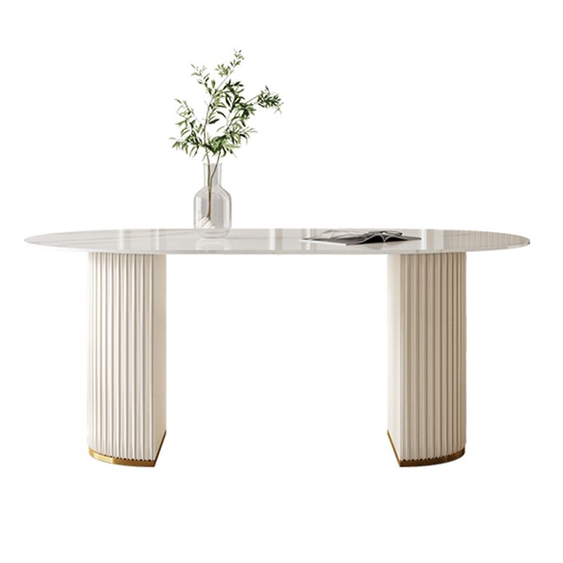 Oval Traditional Luxury Dining Table White Sintered Stone Table with White Double Pedestal