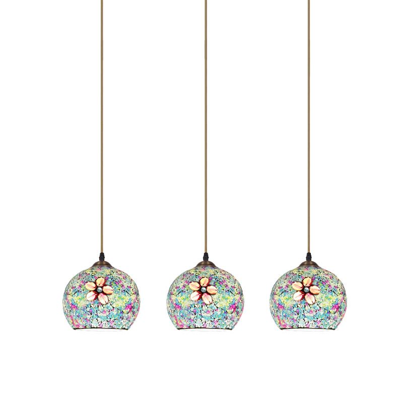 Tiffany Style Domed Multi Hanging Light 3 Heads Multicolored Flower Glass Suspension Lighting in Bronze