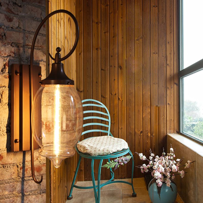 Glass Brown Wall Lamp in Industrial Retro Style Wrought Iron Drum Wall Light for Porch