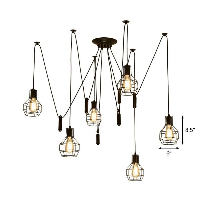 6 Lights Caged Swag Pendant Lighting Industrial Black Iron Multiple Hanging Light with Pulley
