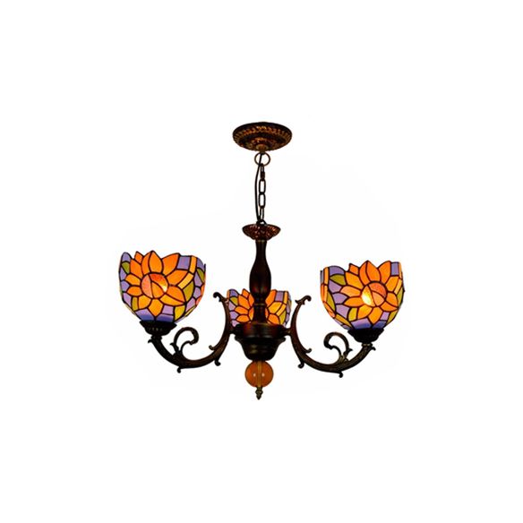Colorful Bowl Chandelier Light with Flower/Rose/Sunflower/Yellow Flower Pattern Retro Style Stained Glass 3 Bulbs Inverted Chandelier in Brass