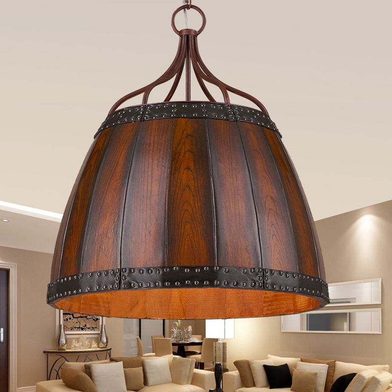 Brown Wine Drum Pendant Light Fixture Rustic Wood 4 Bulbs Living Room Chandelier Lamp