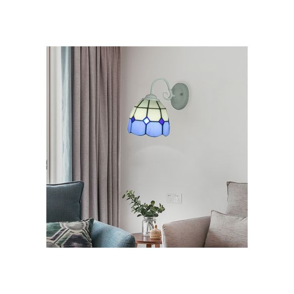 Tiffany Lattice White Domed Wall Sconce with Blue Edge 1 Light Art Glass Wall Lamp for Restaurant