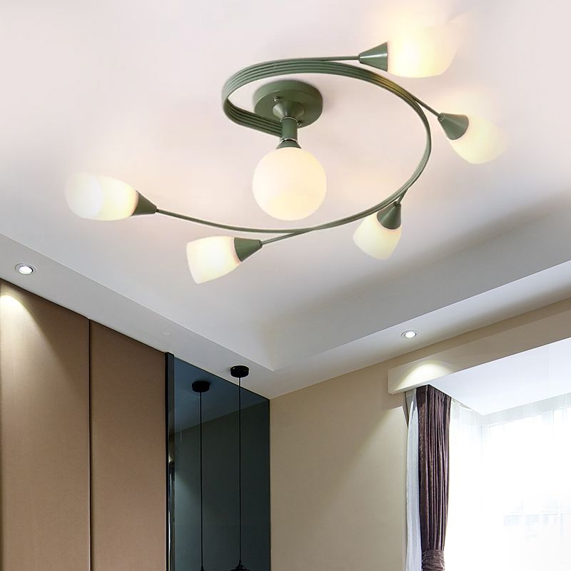 Curly Semi Flush Mount Light Nordic Fer 4/6 HEAD GREN / ROSE / JAUNE PLAFICATION AVEC BLAND D'ECVOIRE DE VERRE