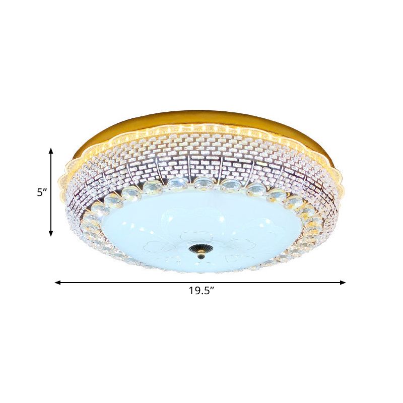 Gold Drum Ceiling Flushmount Lamp Modern Crystal Embedded Bedroom LED Flush Mount with Fishscale/Net Design