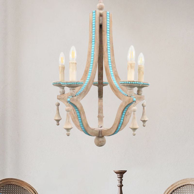 Chandelier de lustre en bois rustique 5 têtes Kit de lampe suspendue beige pour le salon