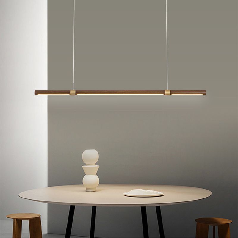 Single Modern Style Brown LED Wooden Linear Kitchen Island Light