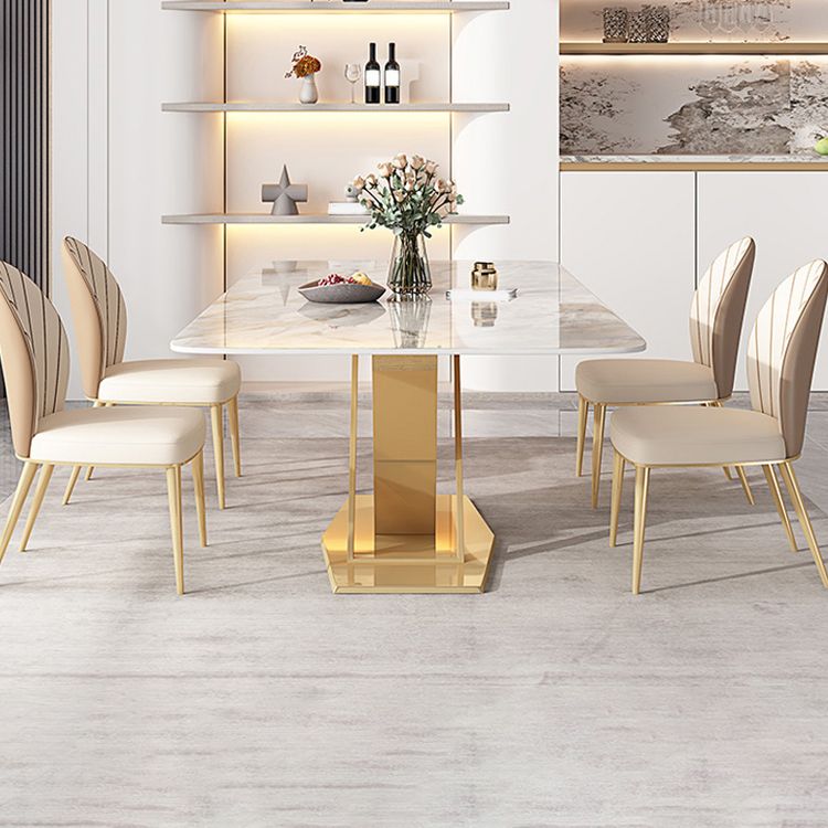 Glossy Gray Stone Dining Table Set 1/4/5/7 Pcs Glam Dinette Set with Leather Chairs