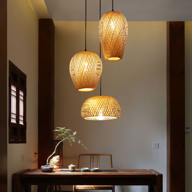 3 Lights Stairway Pendant Asian Style Multiple Hanging Light with Braided Bamboo Shade