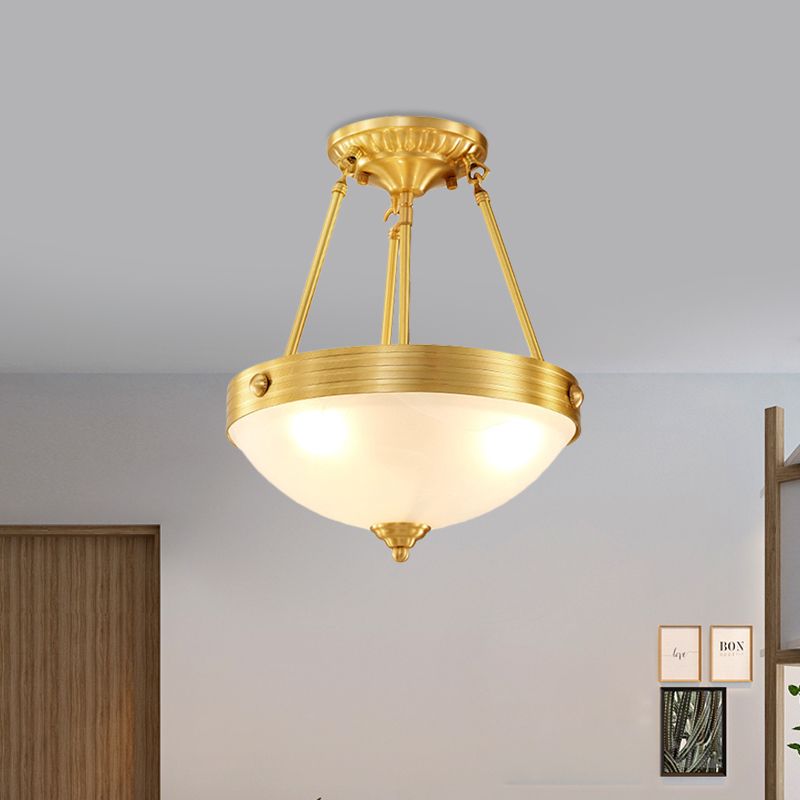 Frosted Glass Dome Semi Flush Mount Traditional 3 Lights Bedroom Close to Ceiling Light in Brass