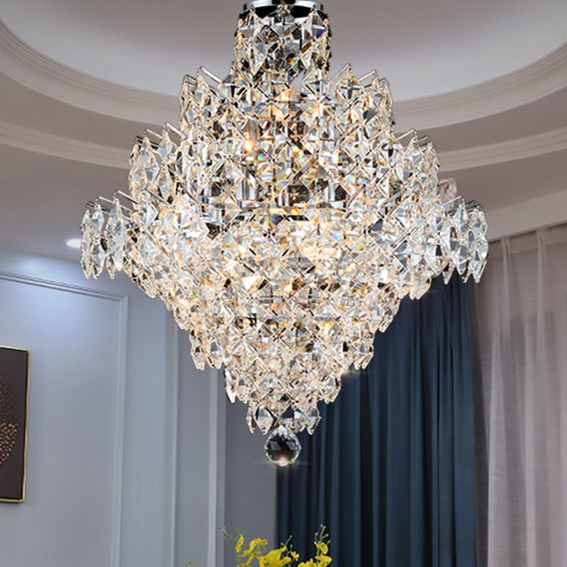 8 Bulbs Faceted Crystal Semi Flush Light Modernist Tiered Living Room Ceiling Fixture