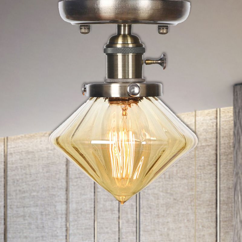 1 Light Ceiling Lighting Industrial Cone/Bell/Rhombus Clear/Amber Glass Semi Flush Mount Light in Bronze