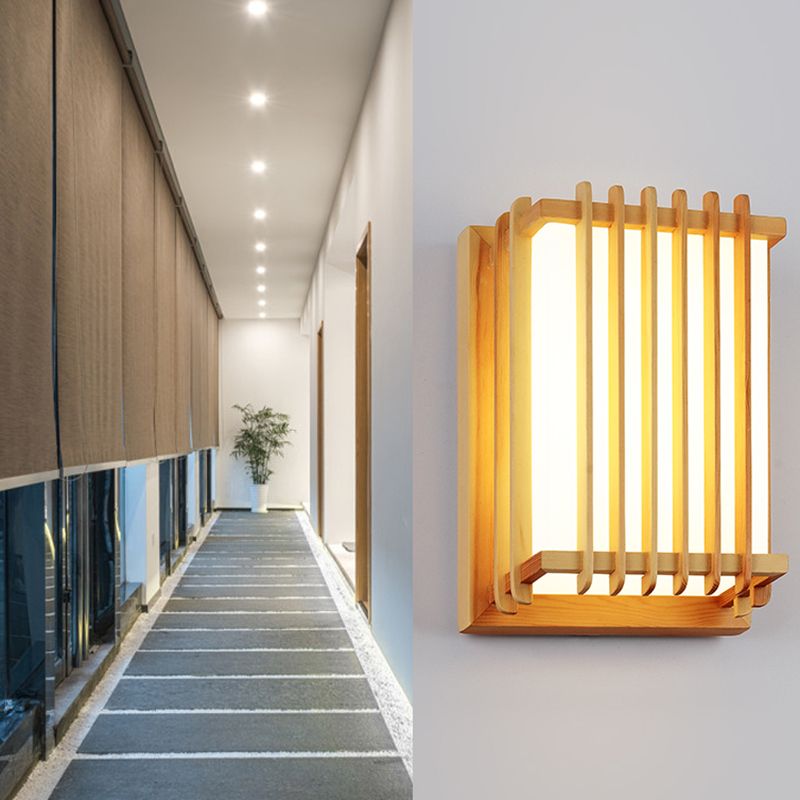 Japanese Style Wooden Wall Light Cuboid LED Wall Lamp with PVC Shade for Living Room