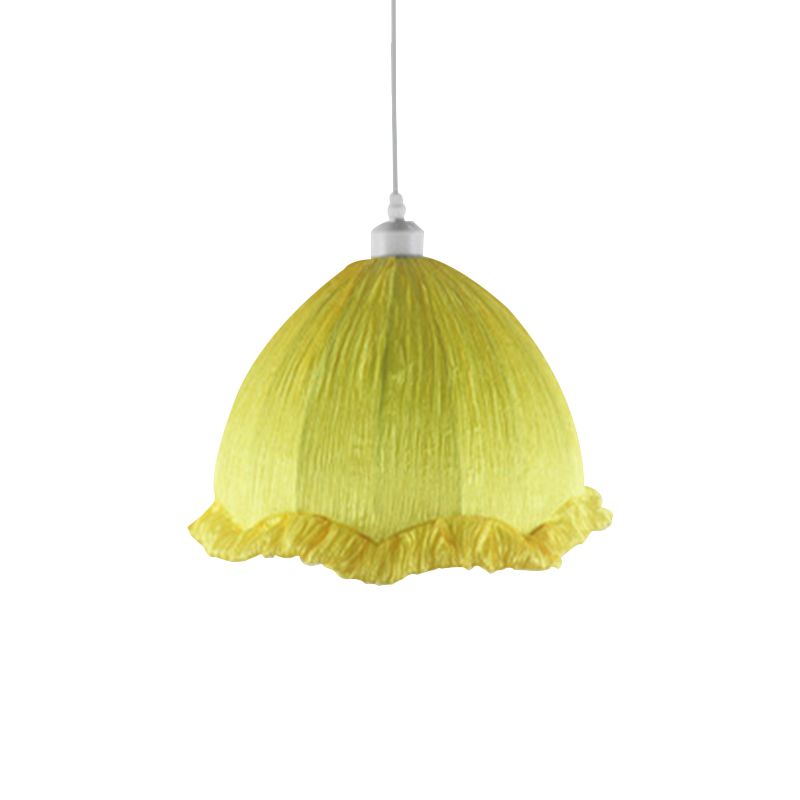 Dome Bedside Down Lighting Pendant Fabric 1 Bulb 12"/16" Wide Modern Hanging Lamp with Scalloped Trim in Yellow