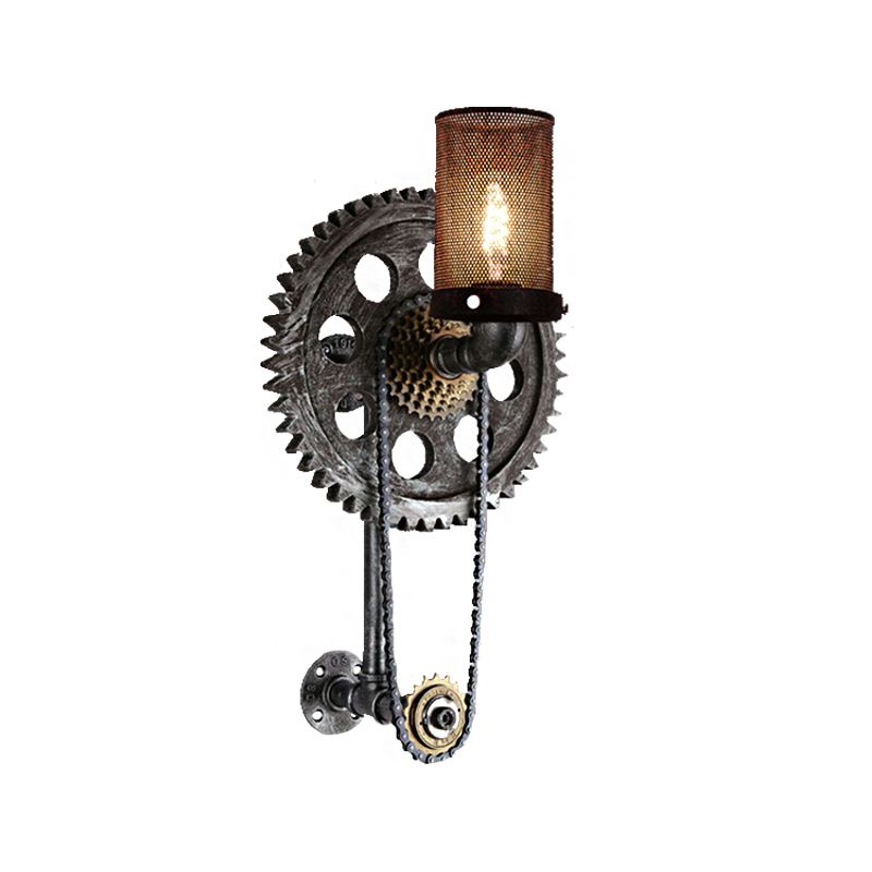Cylinder Dining Room Wall Light Fixture Industrial Metal 1 Light Antique Silver Sconce Lamp with Gear