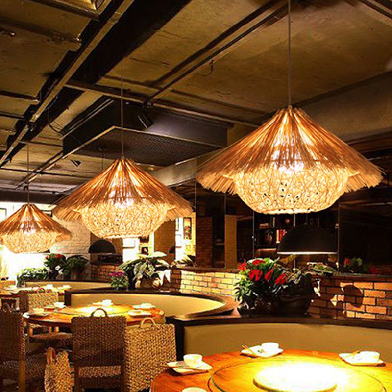 1-Light Bamboo Suspended Lighting Fixture Pendant Light Kit for Dining Room