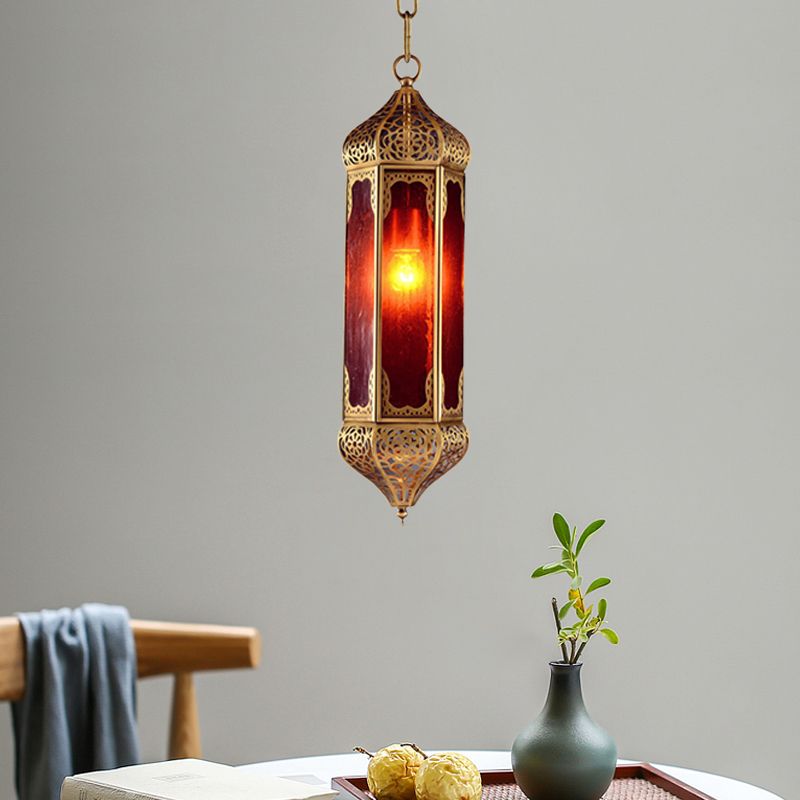 Arabian Lantern Hanging Lamp 1-Bulb Red Glass Suspension Light in Brass with Cutout Design