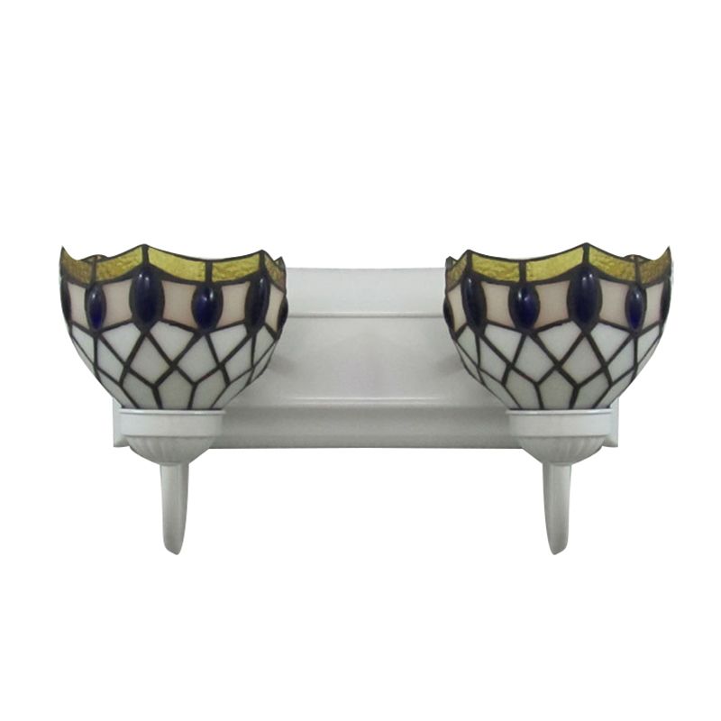 White Dome Sconce Light Tiffany 2 Heads Stained Glass Wall Mount Light with Blue Gem Decoration