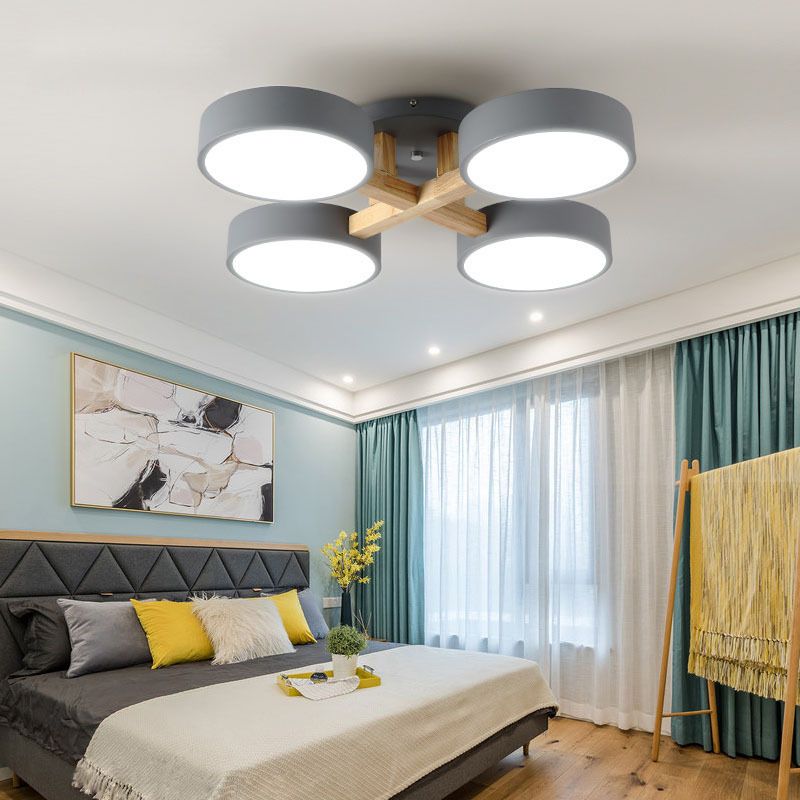 Lámpara de techo minimalista de acrílico con iluminación semimontaje redonda para sala de estar con brazo de madera