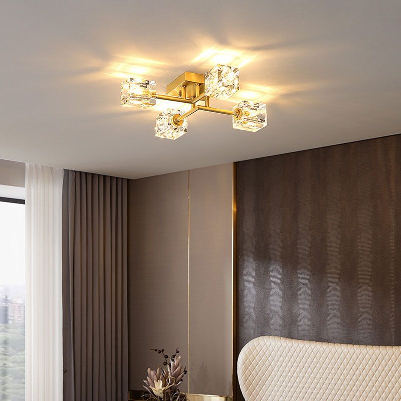 Zeitgenössischer Würfel Flush Light Crystal Flush Mount Deckenbestand in Gold
