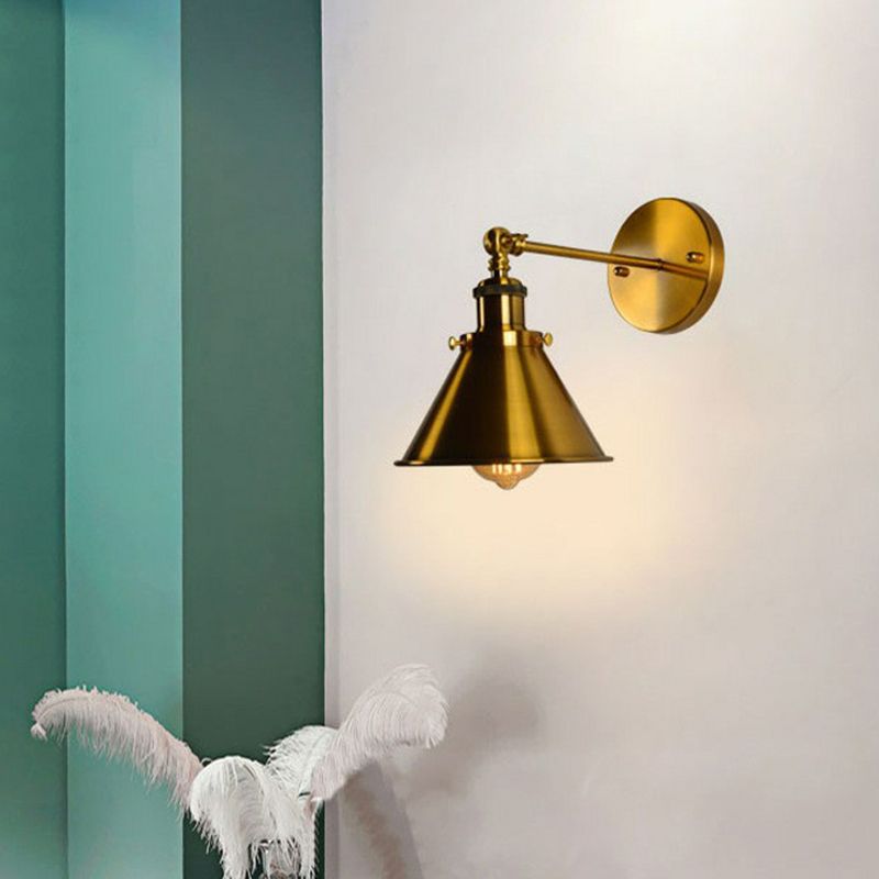 Antique Cone-Shape Swivelable Wall Light Single-Bulb Metal Wall Mount Light Fixture in Gold