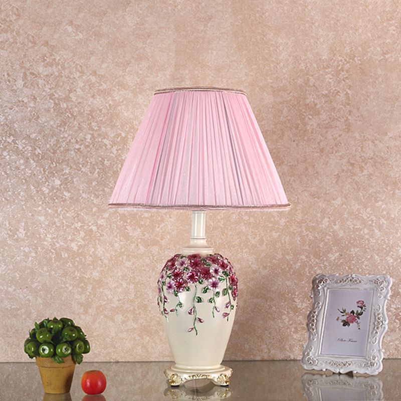 Gathered Fabric Beige/Pink Nightstand Light Conical 1 Light Pastoral Style Table Lamp with Painted Pottery Base