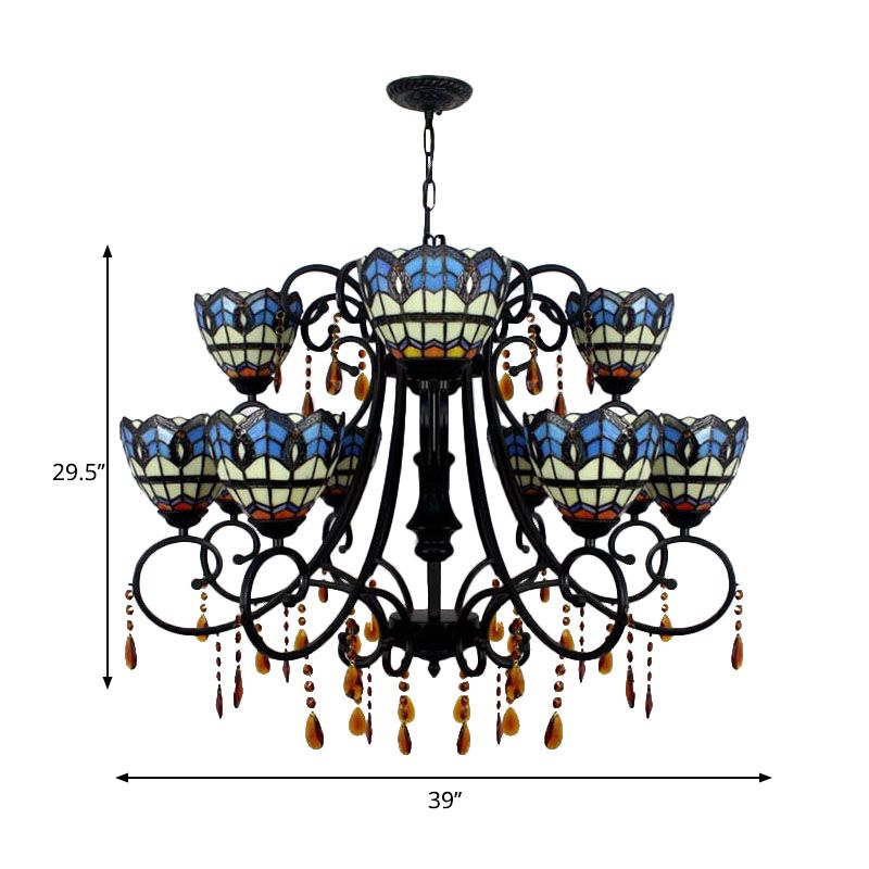 Bowl-Shaped Hanging Light Rustic Stained Glass 11 Lights Chandelier with Crystal in Blue for Dining Room