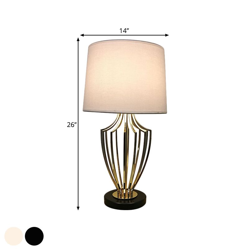 Minimal Barrel Night Table Lamp Fabric 11"/14" W 1 Head Bedroom Desk Lighting in Black/White with Urn Cage Base