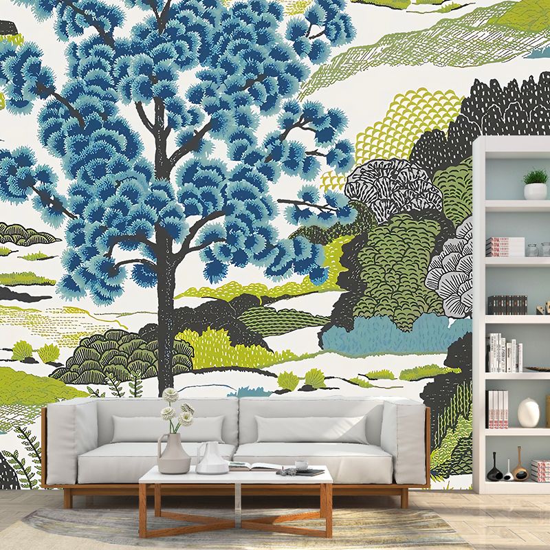 Countryside Watercolors of Forest Mural in Green and Blue Bedroom Wall Art, Made to Measure