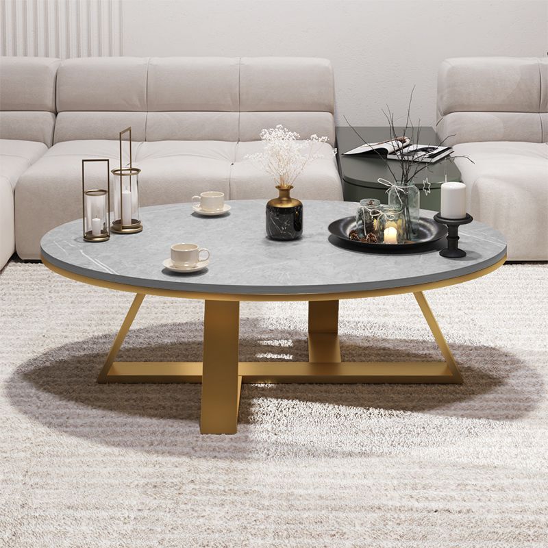 Glam Oval Stone Top Coffee Table with Iron Cross Base Cocktail Table