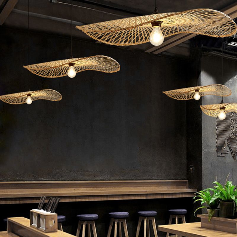 Wood Lotus Leaf Ceiling Light Modern Single Bamboo Hanging Pendant Light for Restaurant
