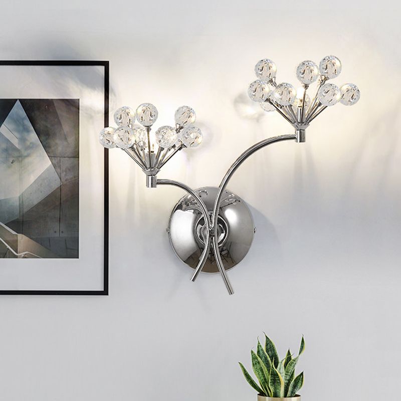 Crystal Orbs Floral Wall Lighting Modern Style 2 Lights Living Room Sconce Light Fixture in Chrome