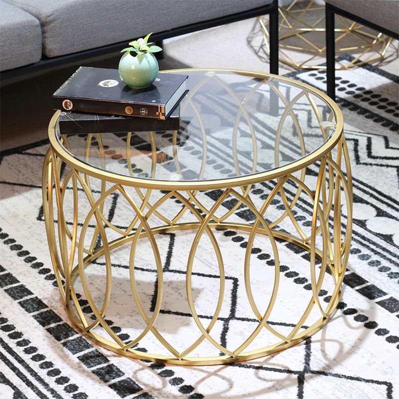 Glass Top Coffee Table Round Shape Frame Base Cocktail Table