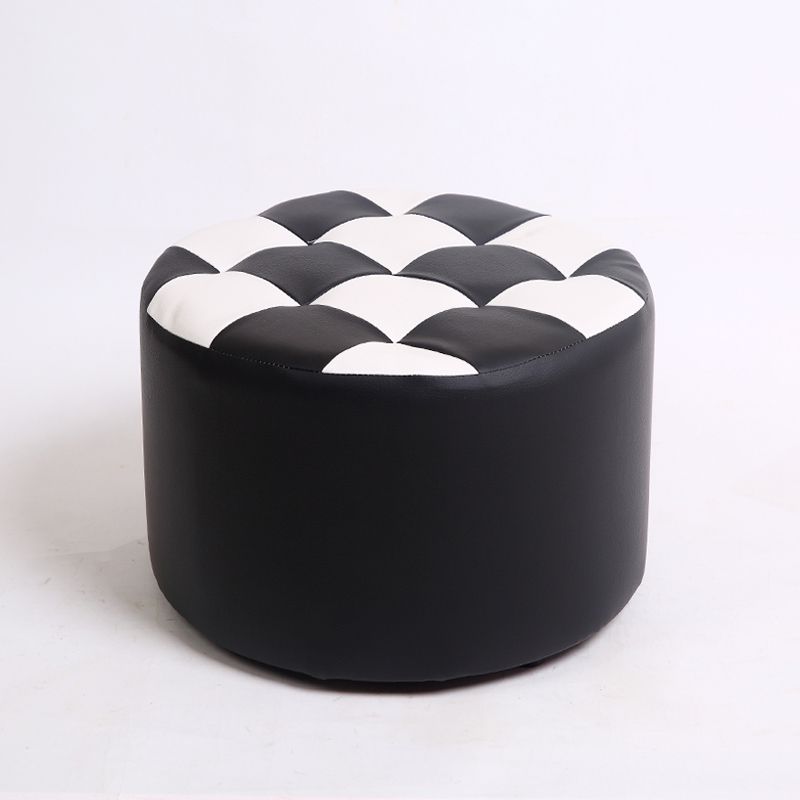 Modern Stain Resistant Standard Round Check Pattern Leather Pouf for Drawing Room