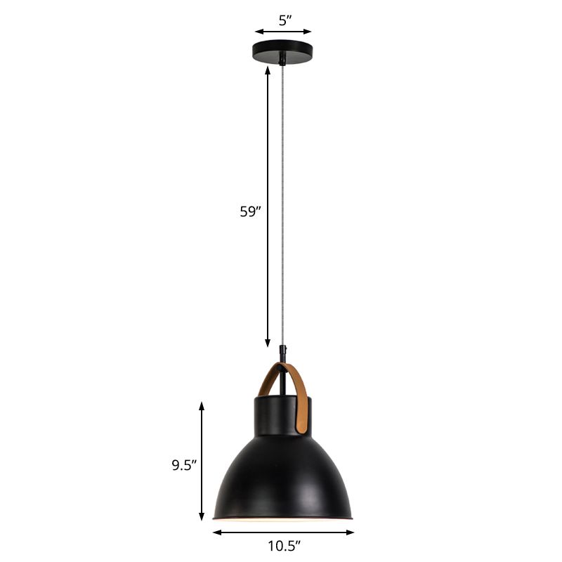 1 Head Hanging Light Industrial Domed Metallic Pendant Lamp with Glass Diffuser and Leather Strap in Black