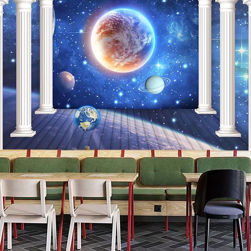 Blue Column and Galaxy Mural Stain-Resistant Wall Art for Office Room Decoration