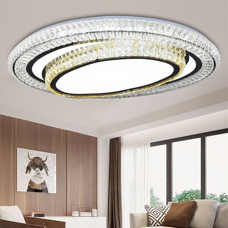 Black Finish LED Flushmount Light Modern Clear Rectangular-Cut Crystals Oval Ceiling Fixture