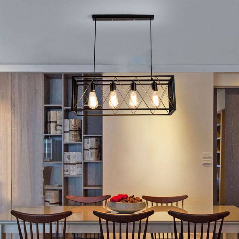 Luminaires d'éclairage d'île métallique à île en cage industrielle en noir