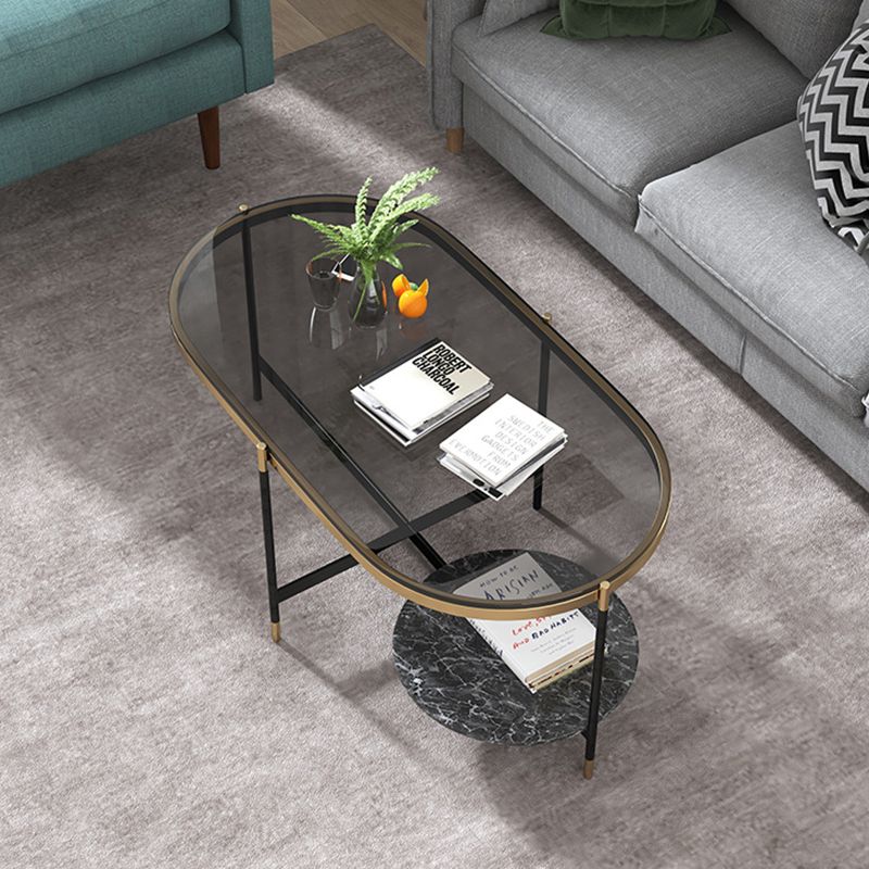 17.7" Tall Modern Metal Cross Leg Base Glass Oval Coffee Table with Shelf