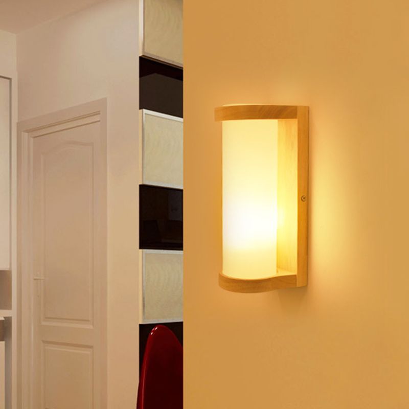 Cylinder Cream Glass Sconce Lighting Japanese Style 1 Light Wood Wall Lamp Fixture for Corner
