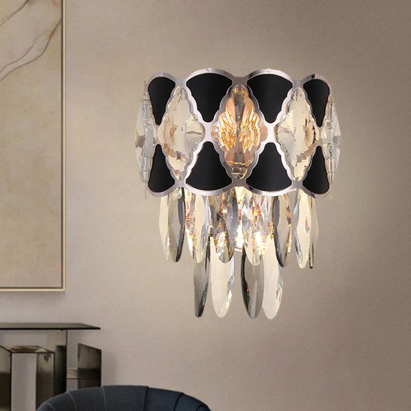 Clear 3 Bulbs Sconce Light Fixture Contemporary Crystal Oval Drops Tapered Flush Mount with Black Triangular Ornament