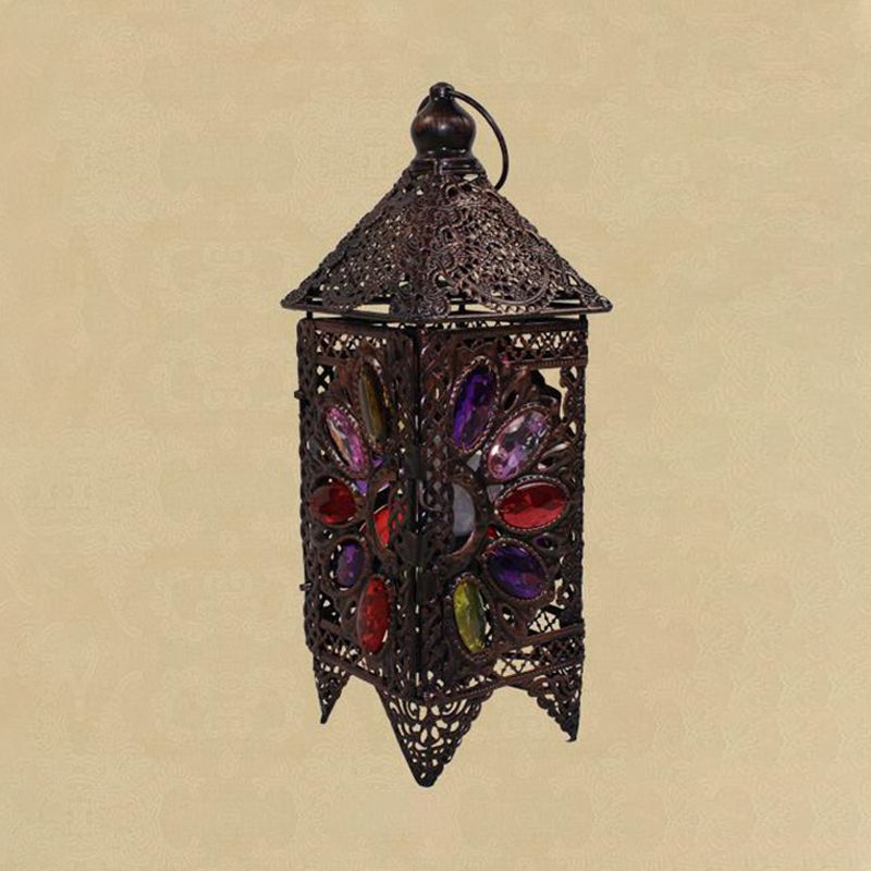 Lampada da comodino a lanterna bohémien con 1 lampadina, illuminazione da comodino in metallo in viola/rosso per soggiorno