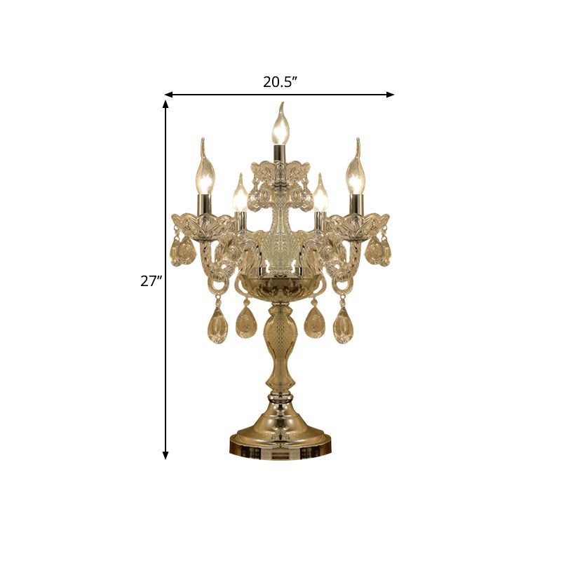 Candelabra Schlafzimmer Tisch Licht traditioneller klarer Kristall 5/6/7 Köpfe Chrome Night Stand Lampe