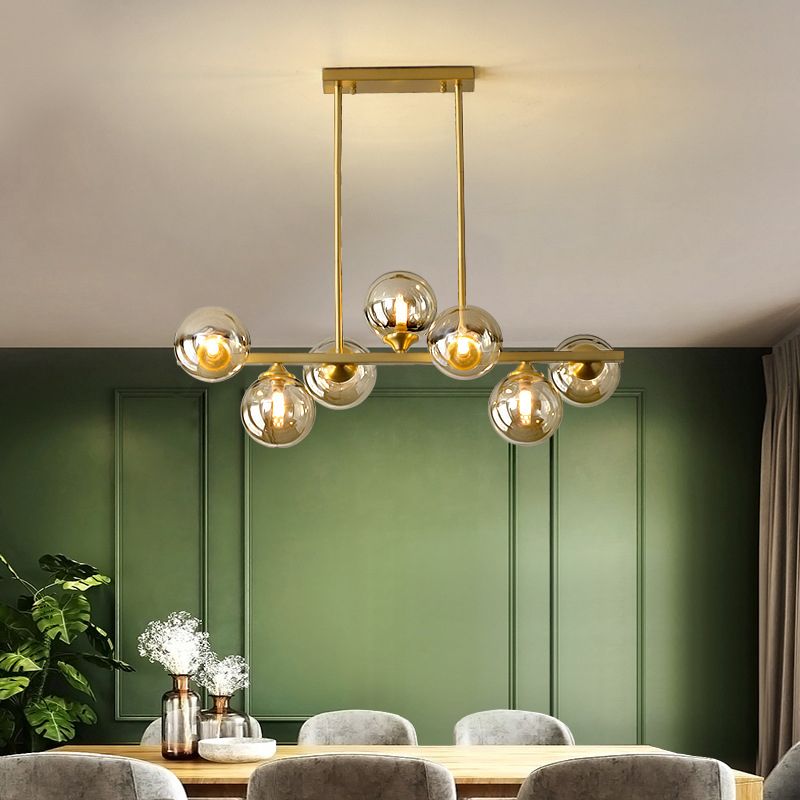 Mid-Century Modern Gold Metal Island Pendant Lighting Spherical Amber Glass Island Ceiling Light for Dining Table