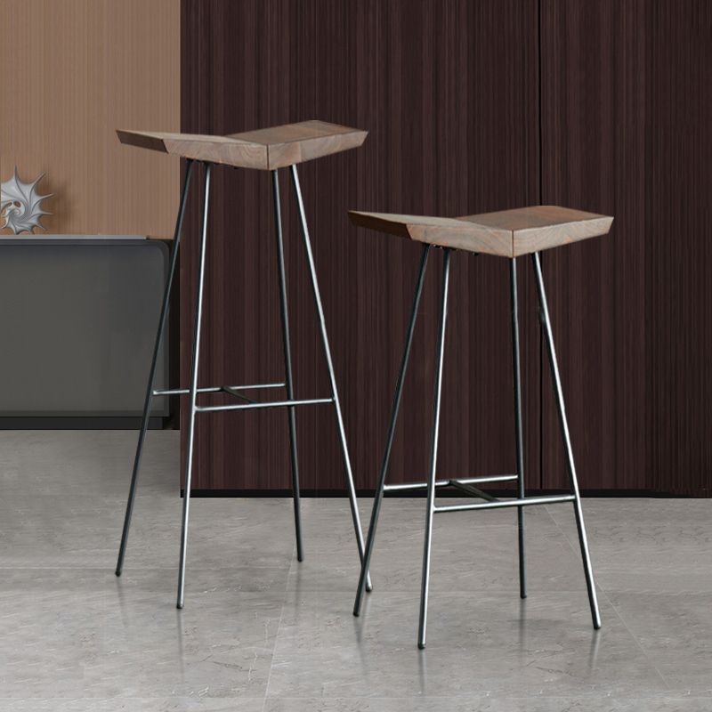 Brown Pine Wood Top Counter & Bar Stools Modern Indoor Backless Stools