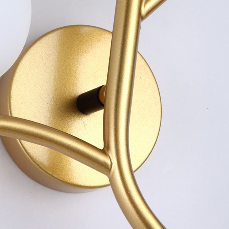 2 Bulbs White Glass Wall Sconce Modern Gold/Black Globe Dining Room Sconce Light with Branch-Shaped Arm