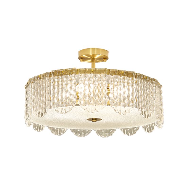 Drum Bevel Cut Glass Semi Flush Mount Contemporary 4-Light Gold Close to Ceiling Lamp